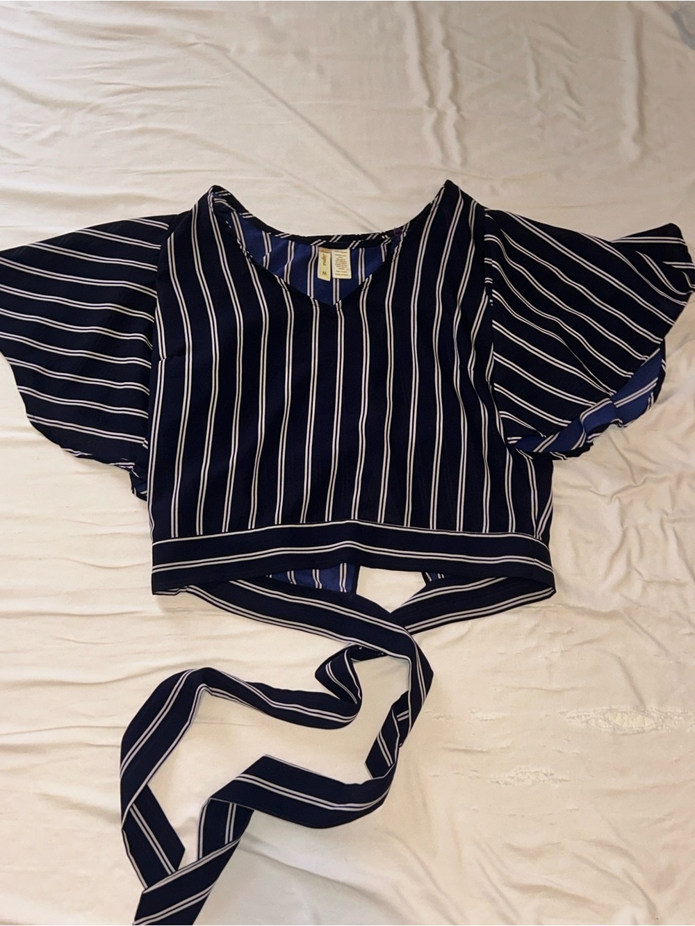 Billowy navy white stripe wrap crop tie blouse top medium nautical preppy bow
